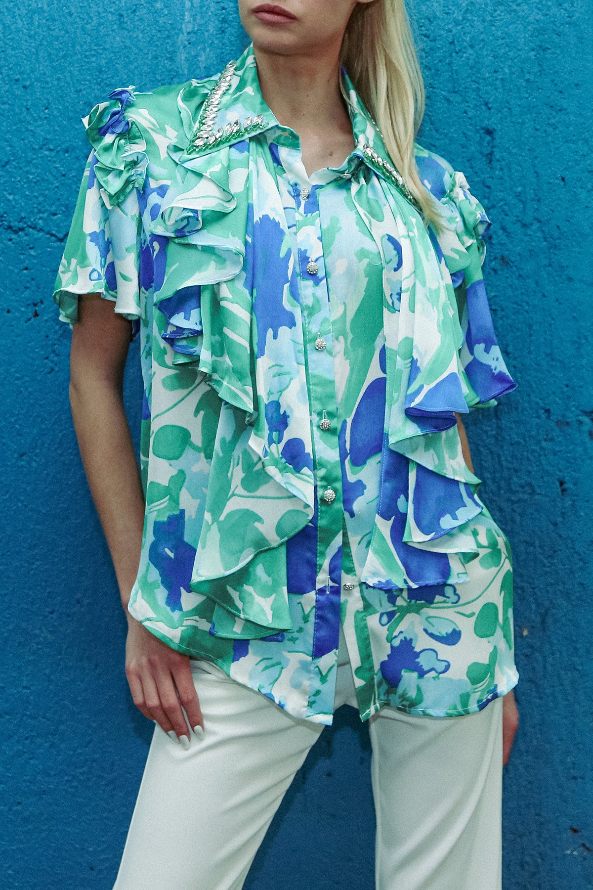 Cally Embellished Abstract Print Ruffle Detail Blouse