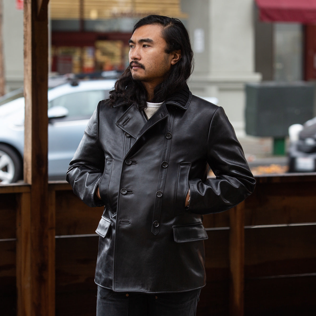 French Double Breasted Horsehide Jacket - Black