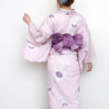 Set of Kimono Japanese Yukata and Obi Female Yukata Kimono Yukata Robe including Obi - Linen and Cotton Yukata and Obi Set Purple
