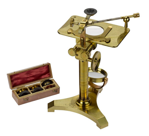 Fig. 7. Simple microscope, with a box of simple lenses, made and signed by Andrew Ross, and used by W.H.F. Talbot, c.1840. NMS.T.1936.91 (C) National Museums Scotland  