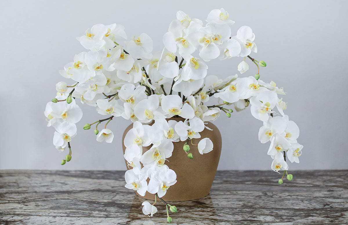 Faux White Orchid Flowers in Ceramic Vase