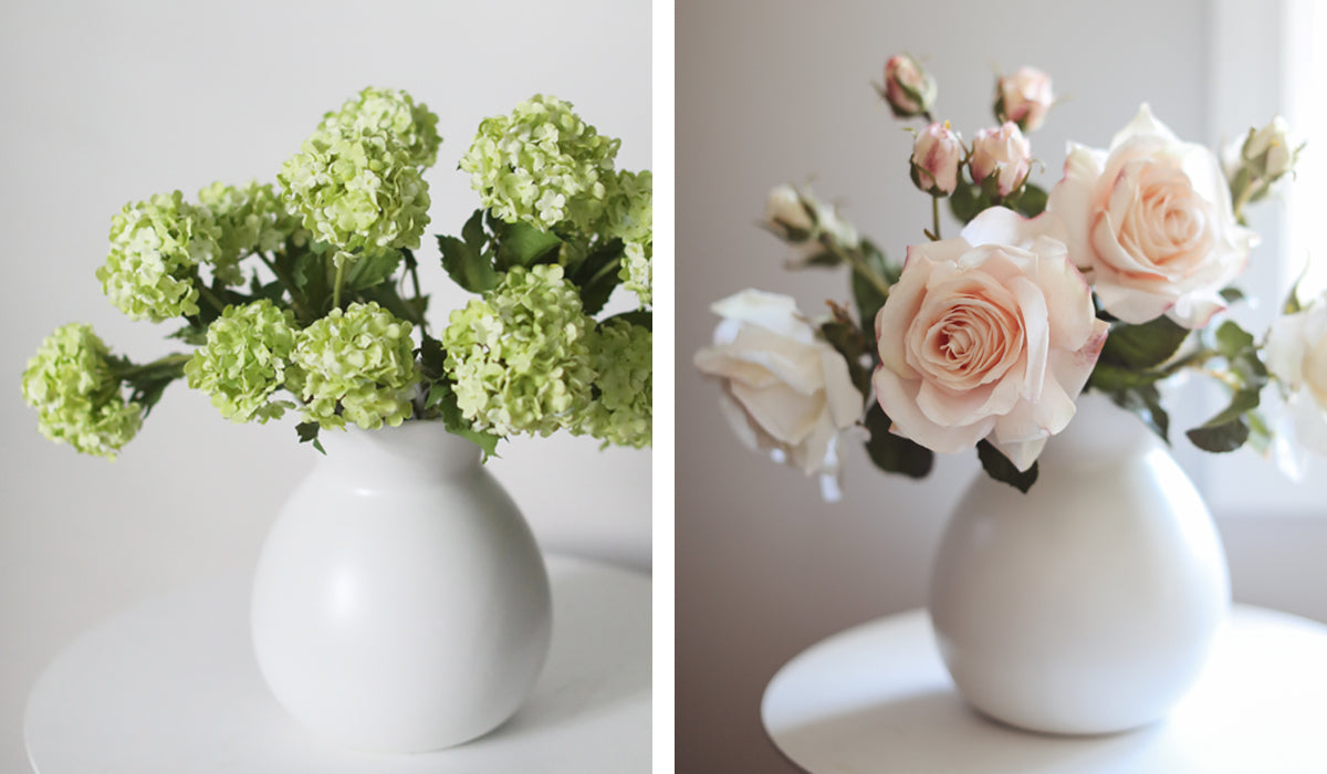 Faux Green Snowballs and Real Touch Roses Arrangements Side by Side Images