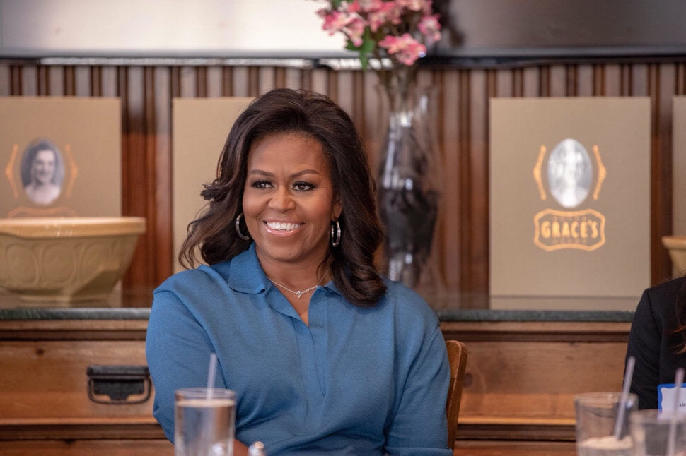 Michelle Obama wears Lady Grey Jewelry Mirage Hoops in Rhodium and Lucite