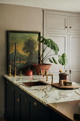 Vintage art and plants on marble counter top