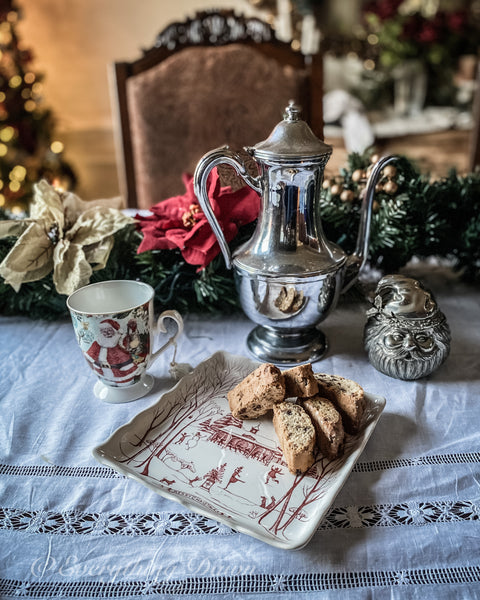Juliska Christmas Cookie Tray on table with silver tea service