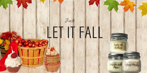 fall product banner with apple basket cupcake candles and jar candles