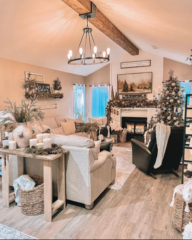 Living room with Christmas decor and fireplace