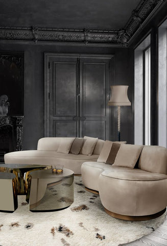 tan sofa with cream shaggy rug in a room with black walls