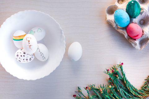 Easter Eggs in white bowl with egg carton