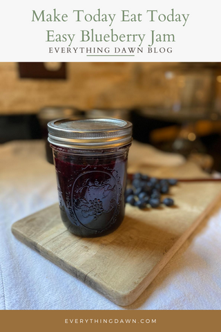pin blueberry jam on wooden cutting board with blueberries - how to make easy blueberry jam
