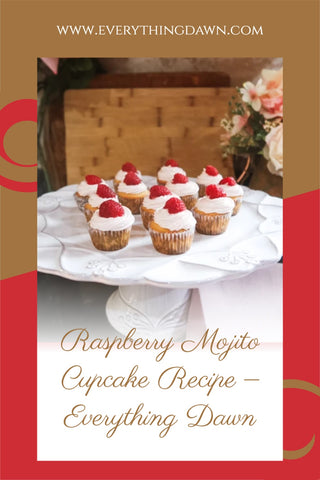 Pin - Raspberry Mojito Cupcake Recipe with raspberry topped cupcakes on white scalloped cake stand