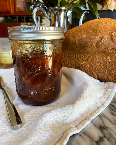 Peach Jam with bread on cotton cloth