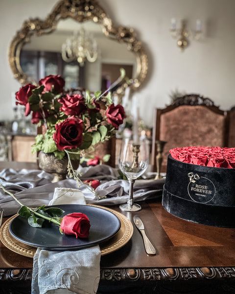 Valentine's Day Tablescape with forever roses and black white and silver