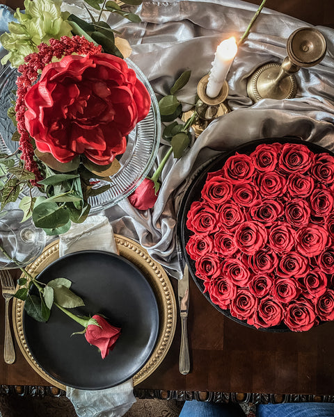 Forever Roses and faux cake with red peony on elegant Valentine's Day tablescape