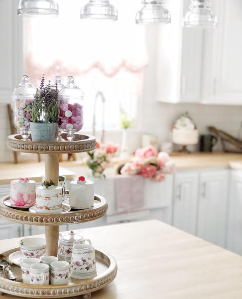 wooden 3 tiered tray with faux cakes