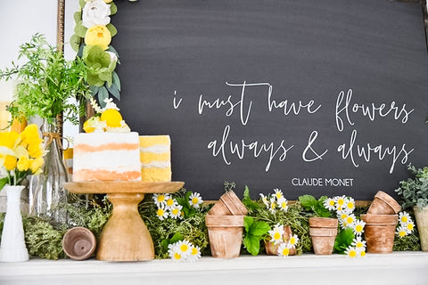 Lemon cake with greenery and terracotta pots in front of chalk board