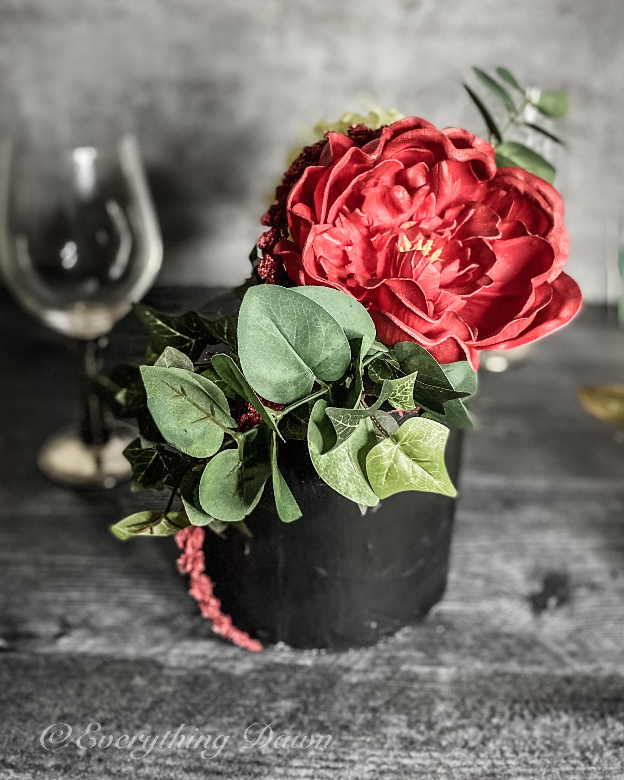 Valentine's Day Faux Cake with black cake red peonies and greenery