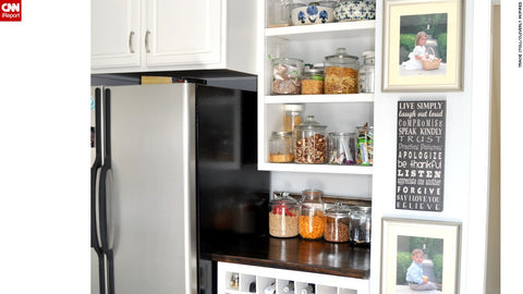 open shelf pantry storage in white kitchen 