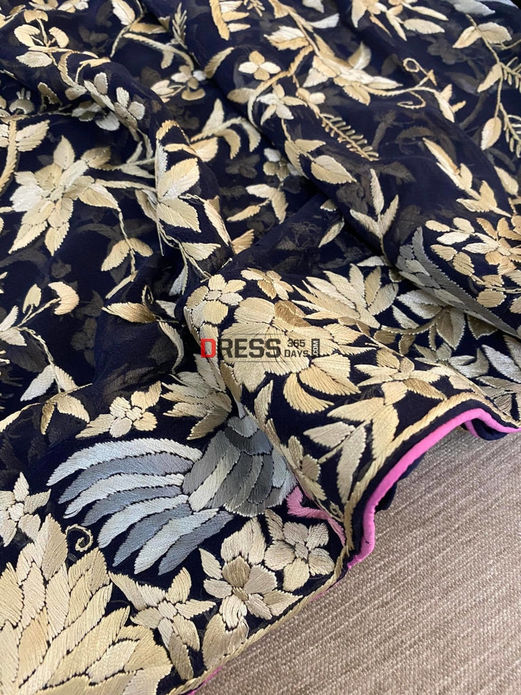 Pre Order Designer Navy Hand Embroidered Parsi Gara Dupatta – Dress365days