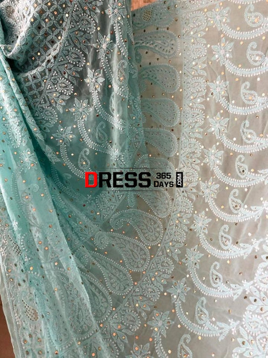 Sea Green Lucknowi Chikankari Saree with Mukaish Work – Dress365days