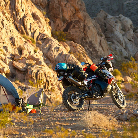 motocycle with accessories while camping