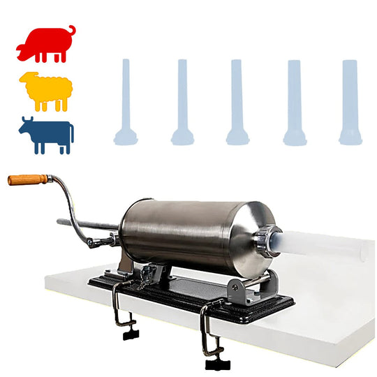 *PROMO* 4KG Masina Umplere Carnati si Mezeluri, Orizontala, cu 5 Palnii incluse, Porc+Vita+Oaie Image 1
