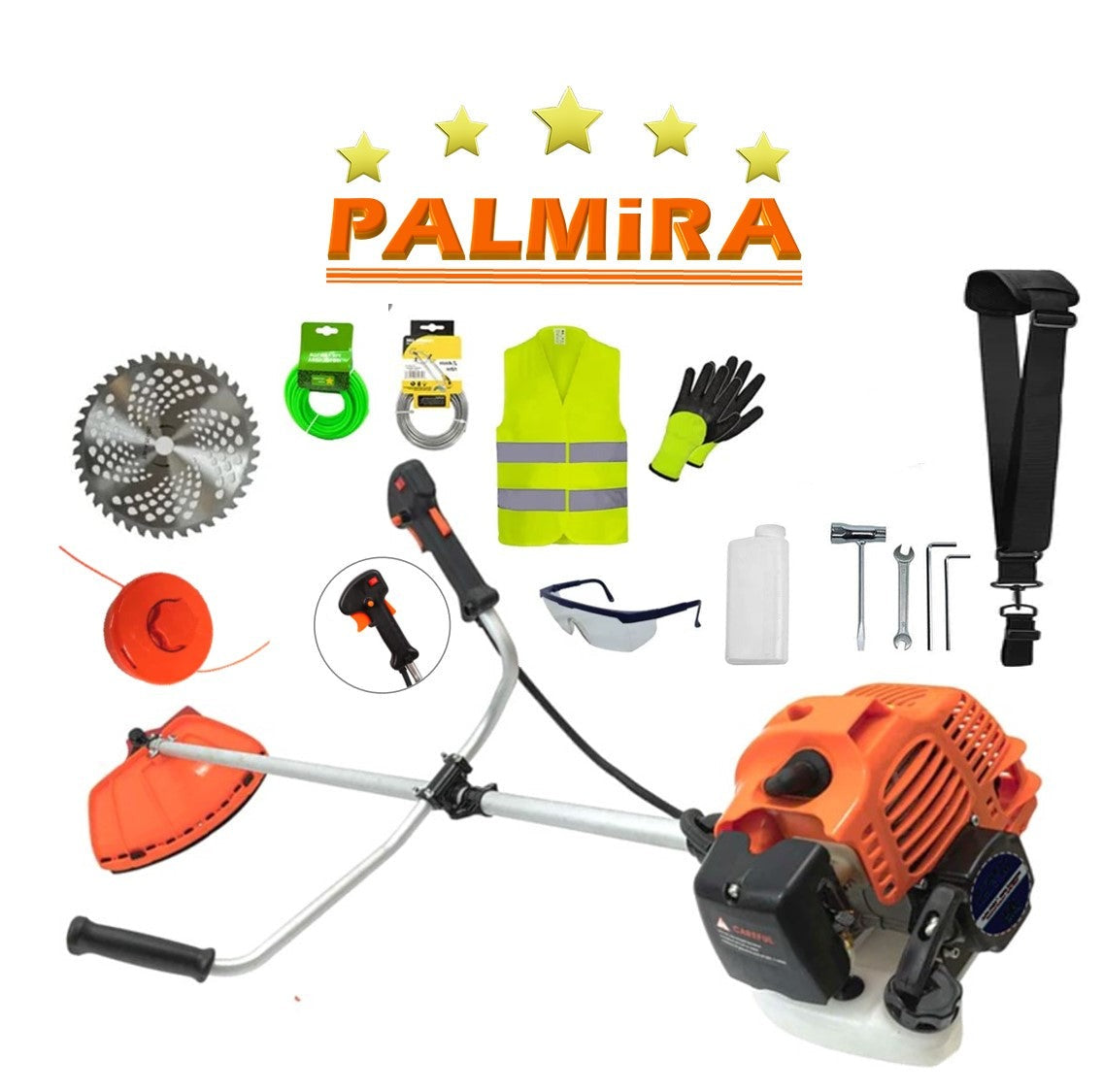 Motocoasa PALMIRA cu motor pe benzina in 2 timpi, 6 cai putere, plus 14 accesorii si disc vidia 230mm, fir insertie  si fir plastic pentru motocositoare cu tambur, Pandora