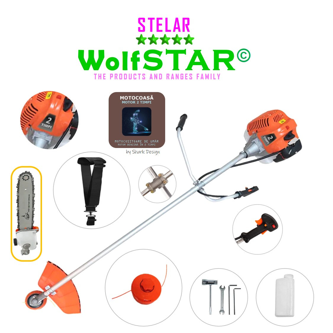 Motocoasa WolfStar Stelar cu motor pe benzina in 2 timpi, 6 CP, 52 cc, Portocalie, sistem taiere cu tambur plus accesorii, plus cap angrenaj tip drujba