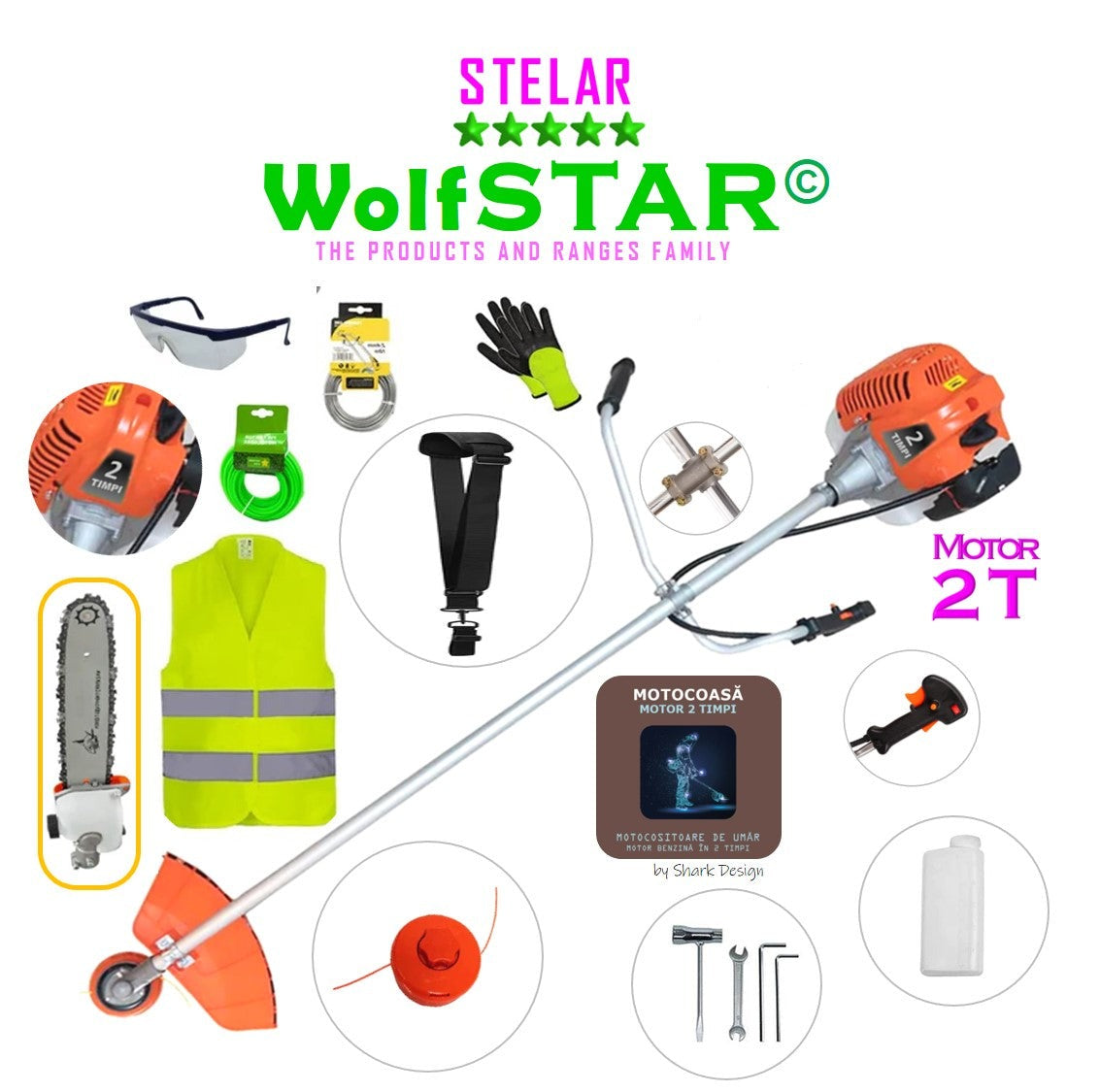 Motocoasa WolfStar Stelar cu motor pe benzina in 2 timpi, 6 CP, 52 cc, Portocalie, sistem taiere cu tambur plus EXTRA accesorii, plus cap angrenaj tip drujba