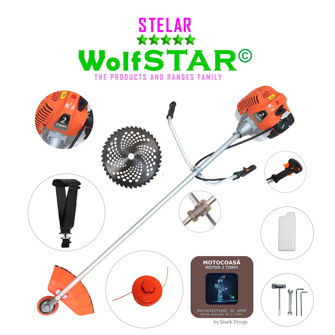 Motocoasa WolfStar Stelar cu motor pe benzina in 2 timpi, 6 CP, 52 cc, Portocalie, sistem taiere cu tambur plus accesorii