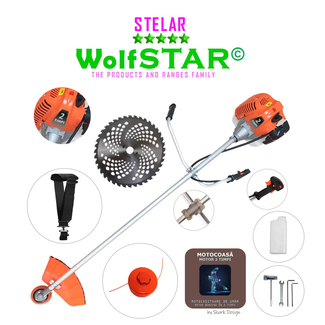 Motocoasa WolfStar Stelar cu motor pe benzina in 2 timpi, 6 CP, 52 cc, Portocalie, sistem taiere cu tambur plus accesorii, plus sistem taiere cu disc vidia de 255mm