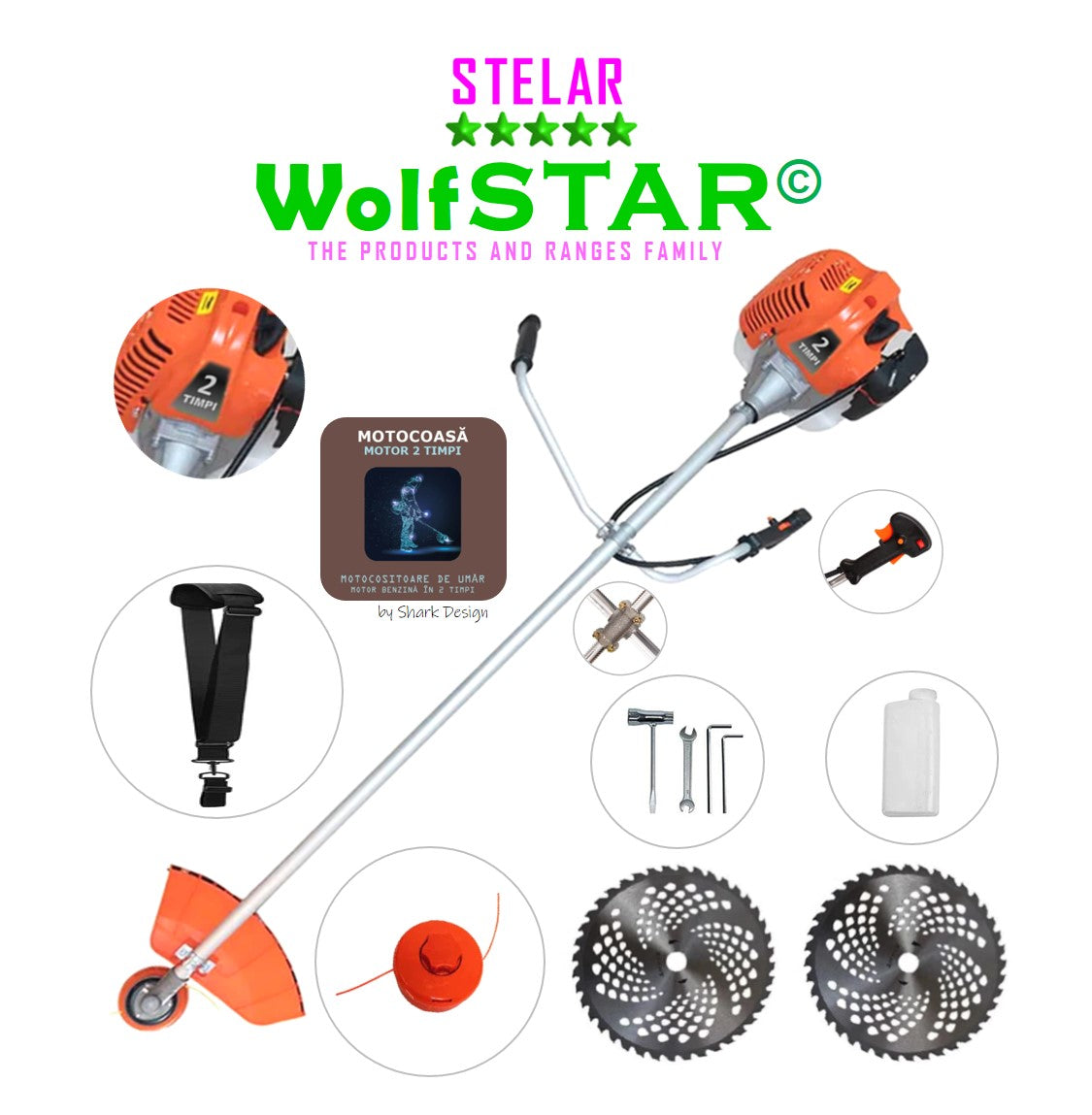 Motocoasa WolfStar Stelar cu motor pe benzina in 2 timpi, 6 CP, 52 cc, Portocalie, sistem taiere cu tambur plus accesorii, plus sistem taiere cu doua discuri vidia de 255mm