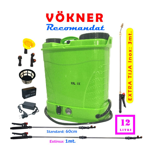 Pompa stropit Pandora 12 L cu acumulator plus tija extensibila inox la 3 metri, Vermorel Verde cu 3 duze incluse, Vokner Recomandat