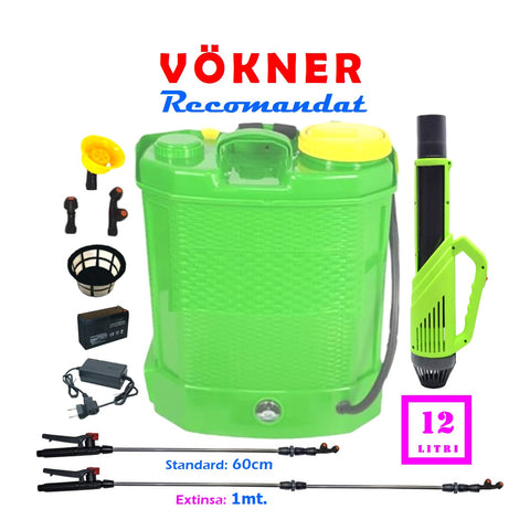 SET Pompa de stropit 12 Litri, electrica cu acumulator incorporat, culoare Verde, brand VOKNER Recomandat, Vermorel Verde PLUS ATOMIZOR. Include acumulator, incarcator, sita lichide, 3 duze diferite incluse, lance metalica, maner reglare debit si atomizorul. O oferta speciala de la EuroUnelte.ro