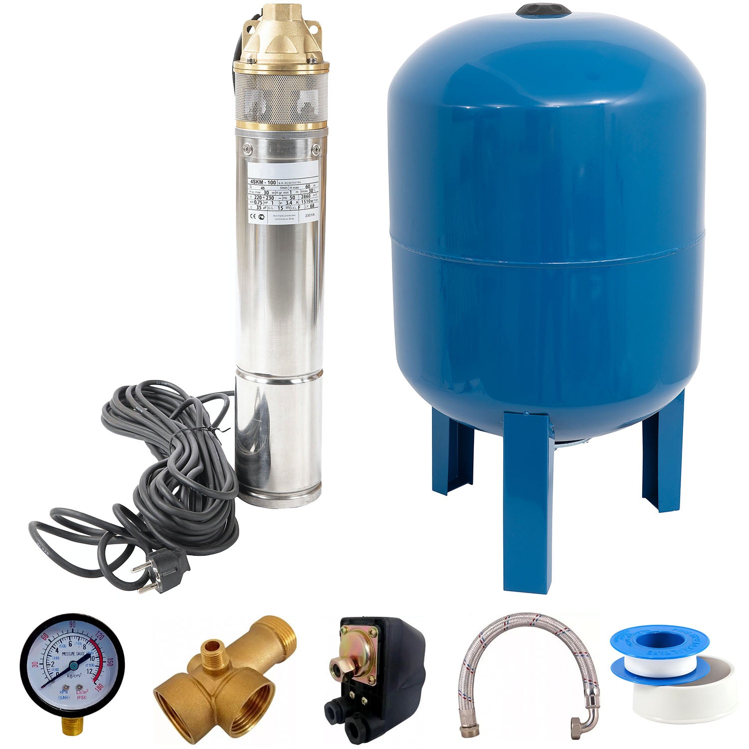 KIT Hidrofor 100L cu Pompa submersibila Liderman- Maxima-4SKM100, 0.75 Kw, 45l/min, inaltime refulare 60m, Sistem complet