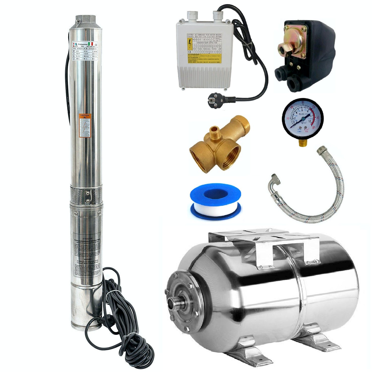 Kit Hidrofor 50L Inox cu Pompa submersibila Zinith Italy 4STM508, 1.65W, 100m, 200 l/min, 1 tol (25mm) , Sistem premium complet