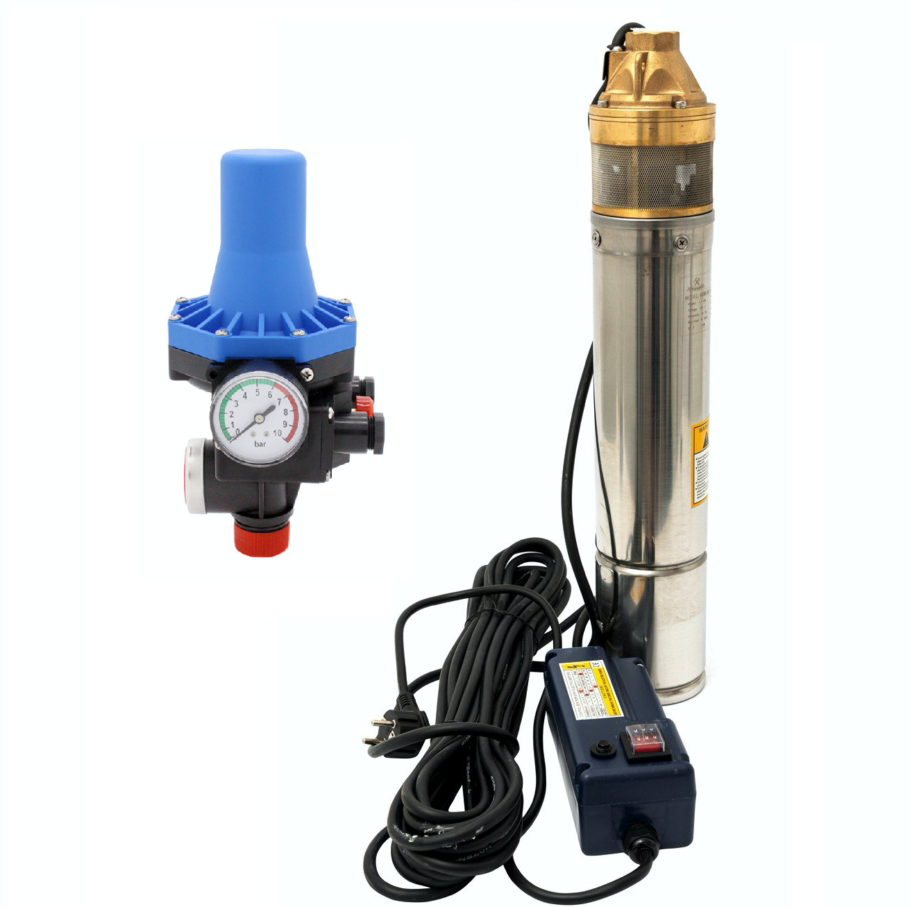 Kit Hidrofor electronic cu pompa submersibila Alpin Profi 4SKM-100, 0.75 Kw, refulare 55m si Presostat electronic automat LPC-3