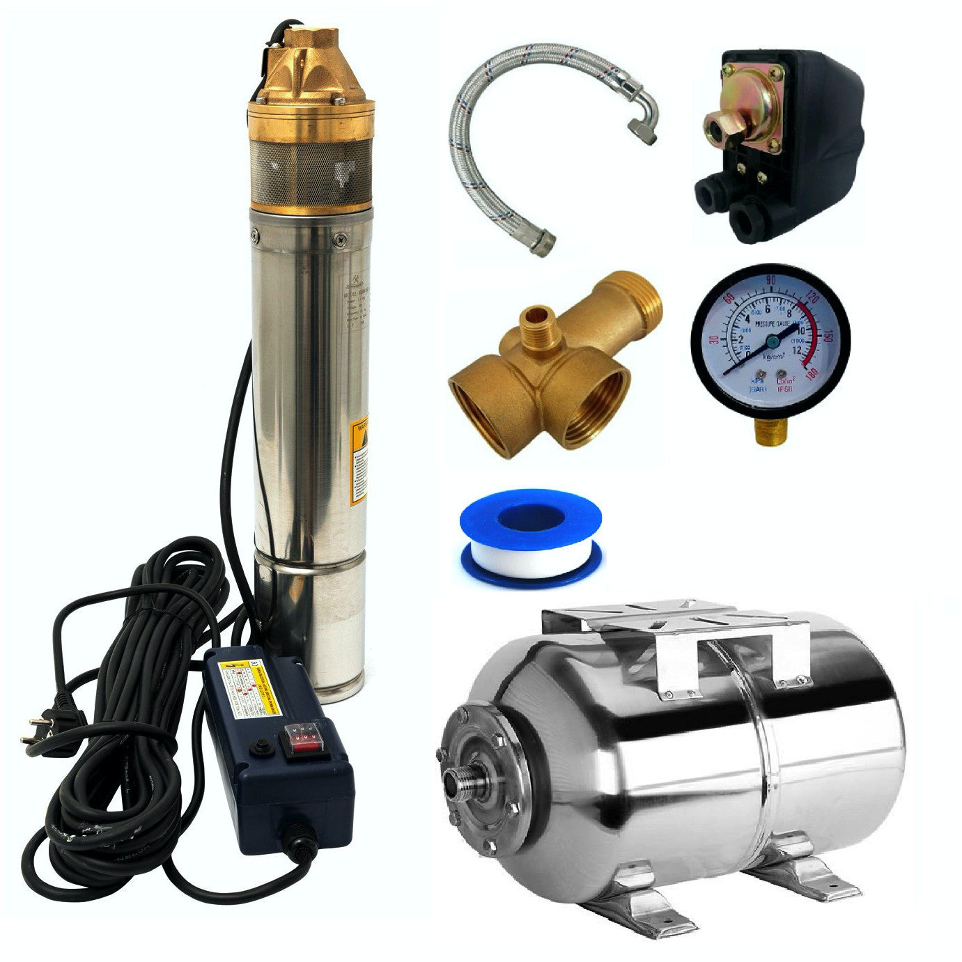 Kit Hidrofor 50L Inox cu Pompa submersibila Alpin Profi 4SKM-100, 0.75KW, 55m, 3m3/Ora, Sistem premium complet