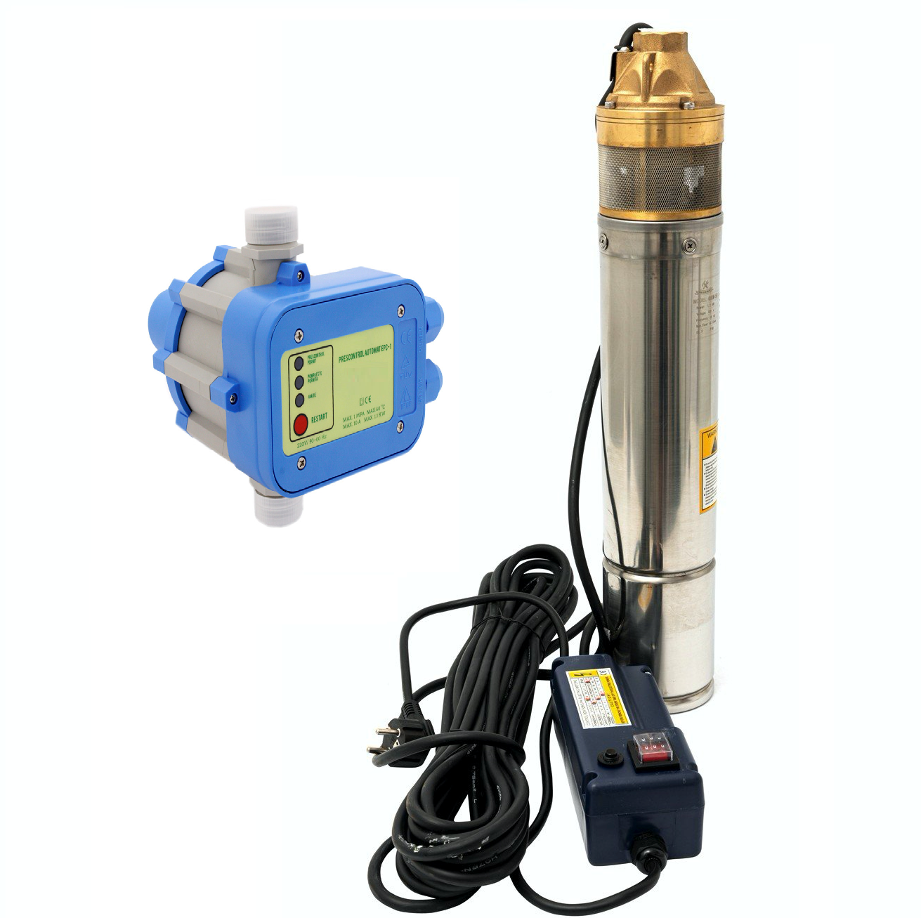 Kit Hidrofor electronic cu pompa submersibila Alpin Profi 4SKM-100, 0.75 Kw, refulare 55m si Presostat electronic automat LPC-1