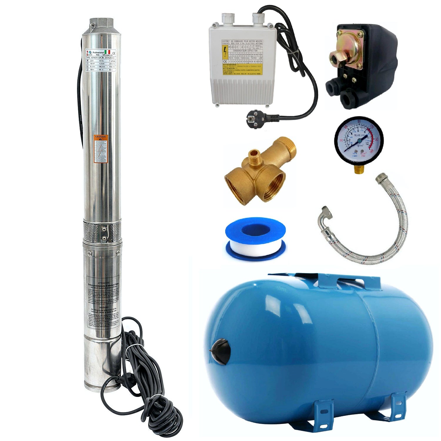 Kit Hidrofor 50L cu Pompa submersibila Zinith Italy 3STM122, 1.25KW, 140m, 100 l/min, 3/4 toli (21.5mm), Sistem premium complet