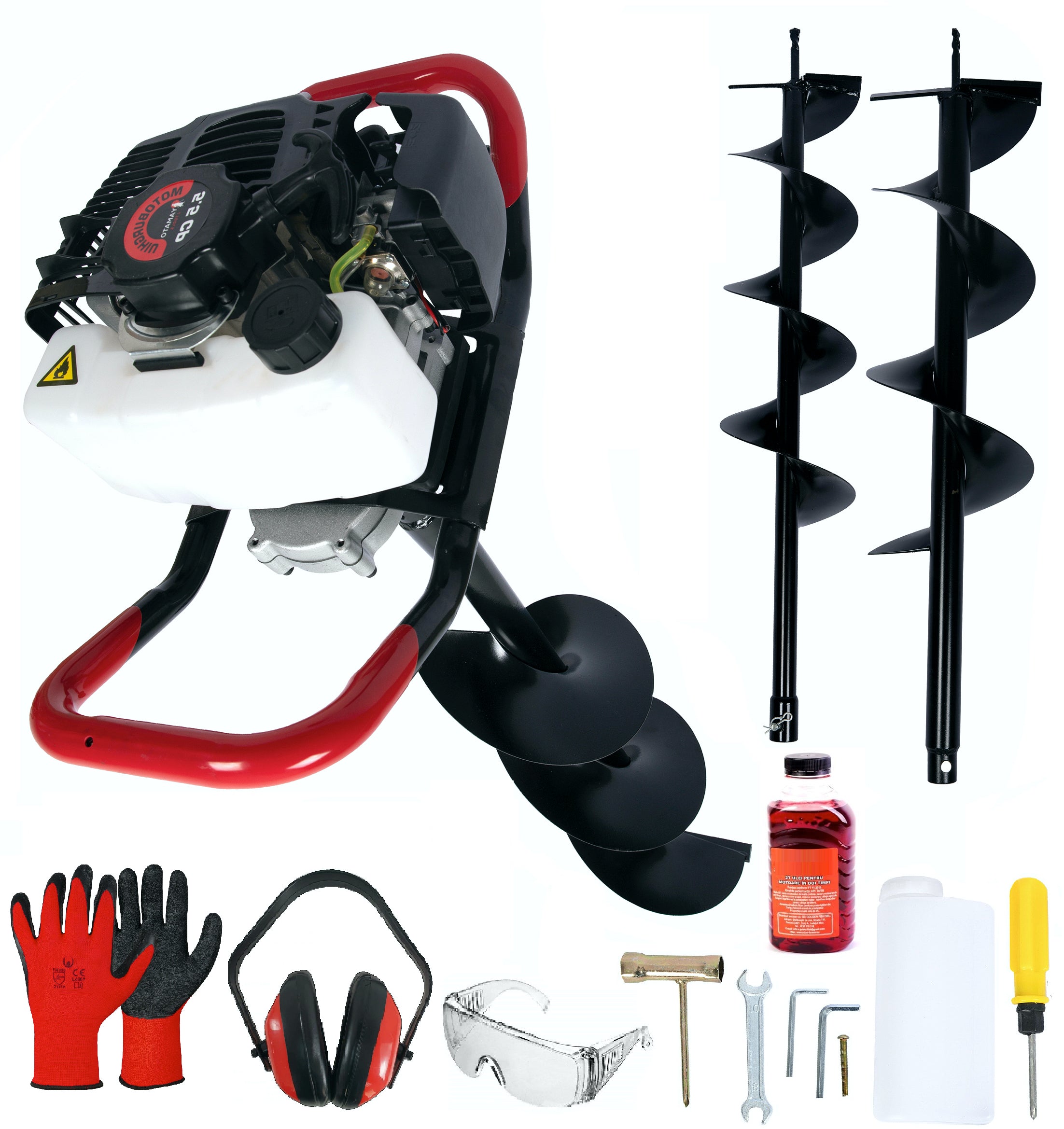 Set Motoburghiu pamant Yamato MTBY-X5500 5.5CP, 2 x Burghie 100,200mm, accesorii protectie si intretinere cadou, inclusiv ulei amestec