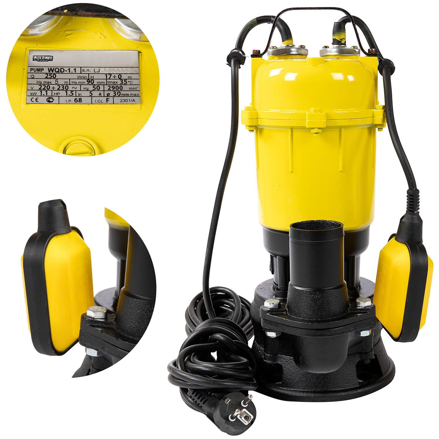 Pompa de apa submersibila cu flotor Liderman- Maxima-WQD-1.1, 1.1 Kw, 250l/min, inaltime refulare 17m