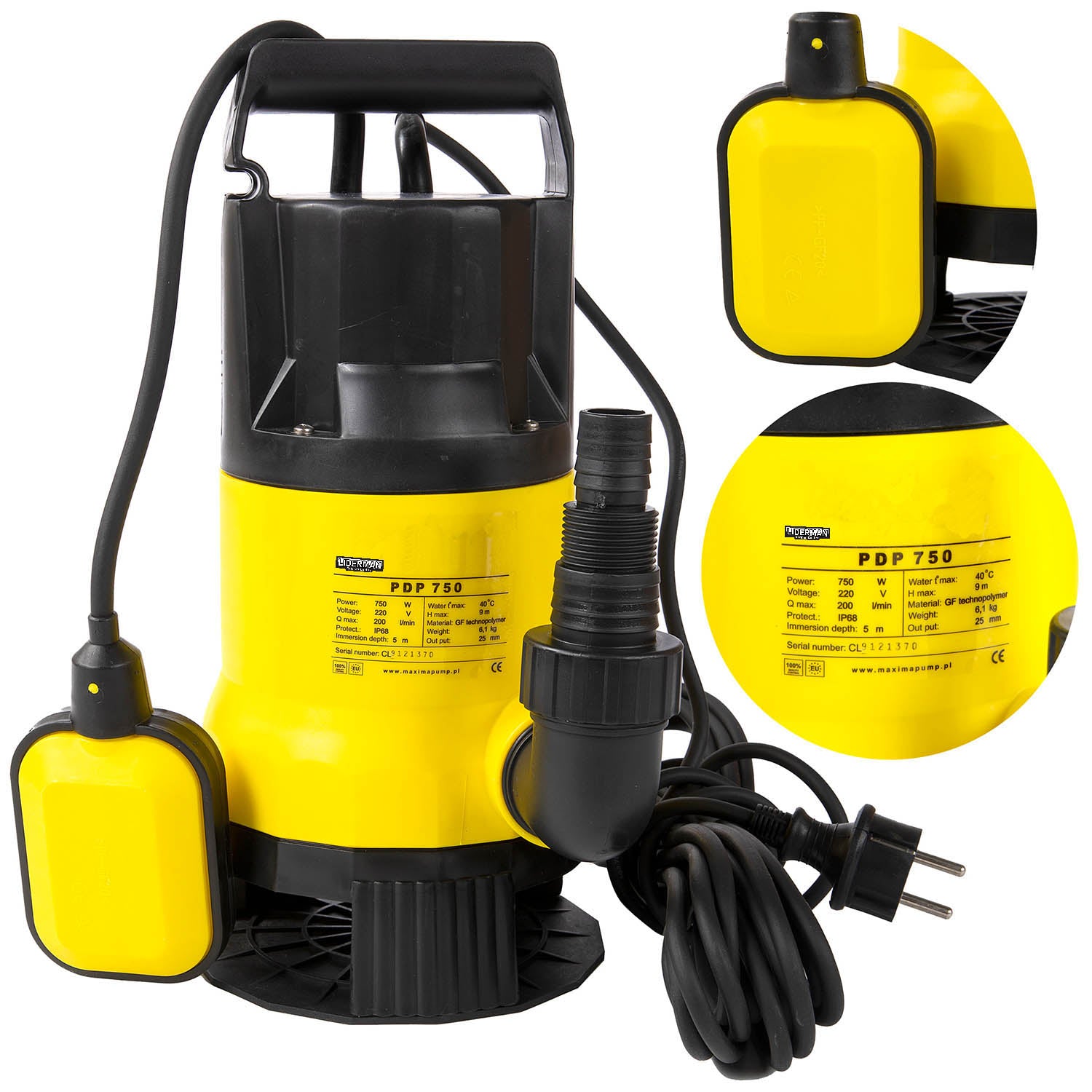 Pompa de drenaj cu flotor Liderman- Maxima-PDP750, 750W, 200l/min, inaltime refulare 9m