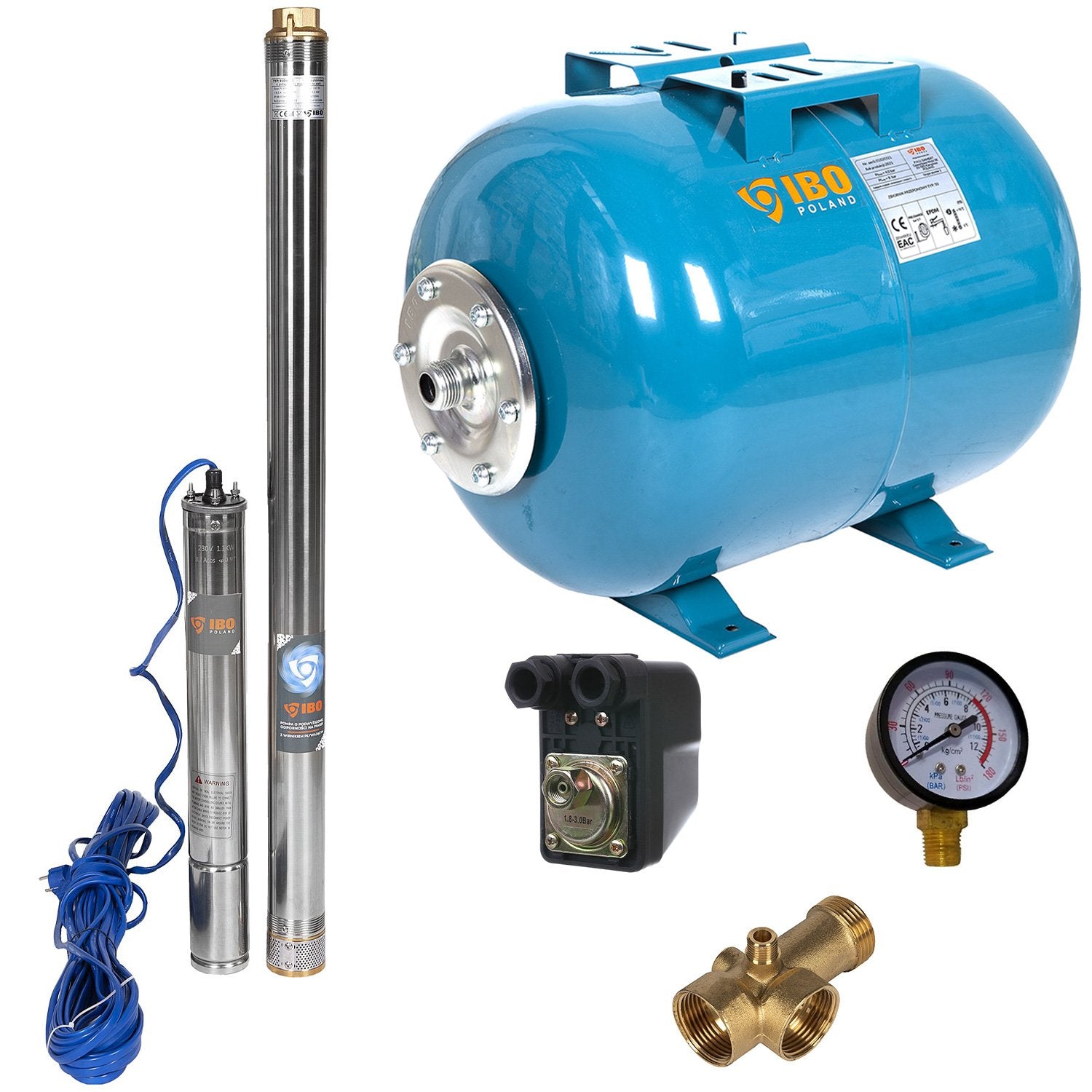 Kit hidrofor 50L cu pompa submersibila IBO Dambat 3SDM33, 1.1 kW, debit 70l/min, H refulare 117m, cablu 20m, rezistenta la nisip