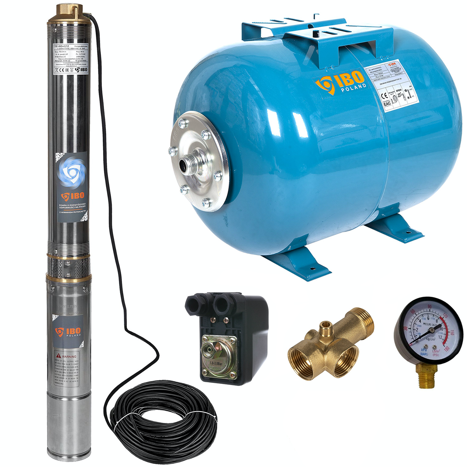 Kit hidrofor 50L cu pompa submersibila IBO Dambat 4SDM2/12, 0.75kW, debit 80l/min, H refulare 85m, racord 1.5 toli, rezistenta la nisip
