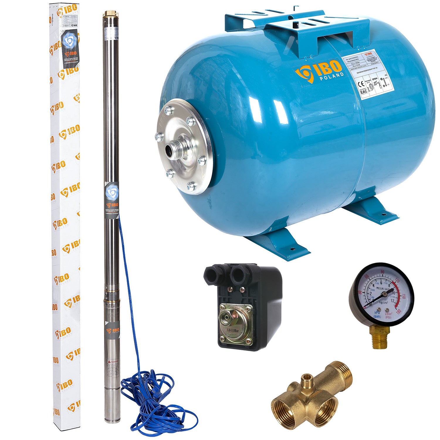 Kit hidrofor 24L cu pompa submersibila IBO Dambat 3SDM24, 0.75KW, debit 100l/min, H refulare 80m, racord 1.25 toli, rezistenta la nisip