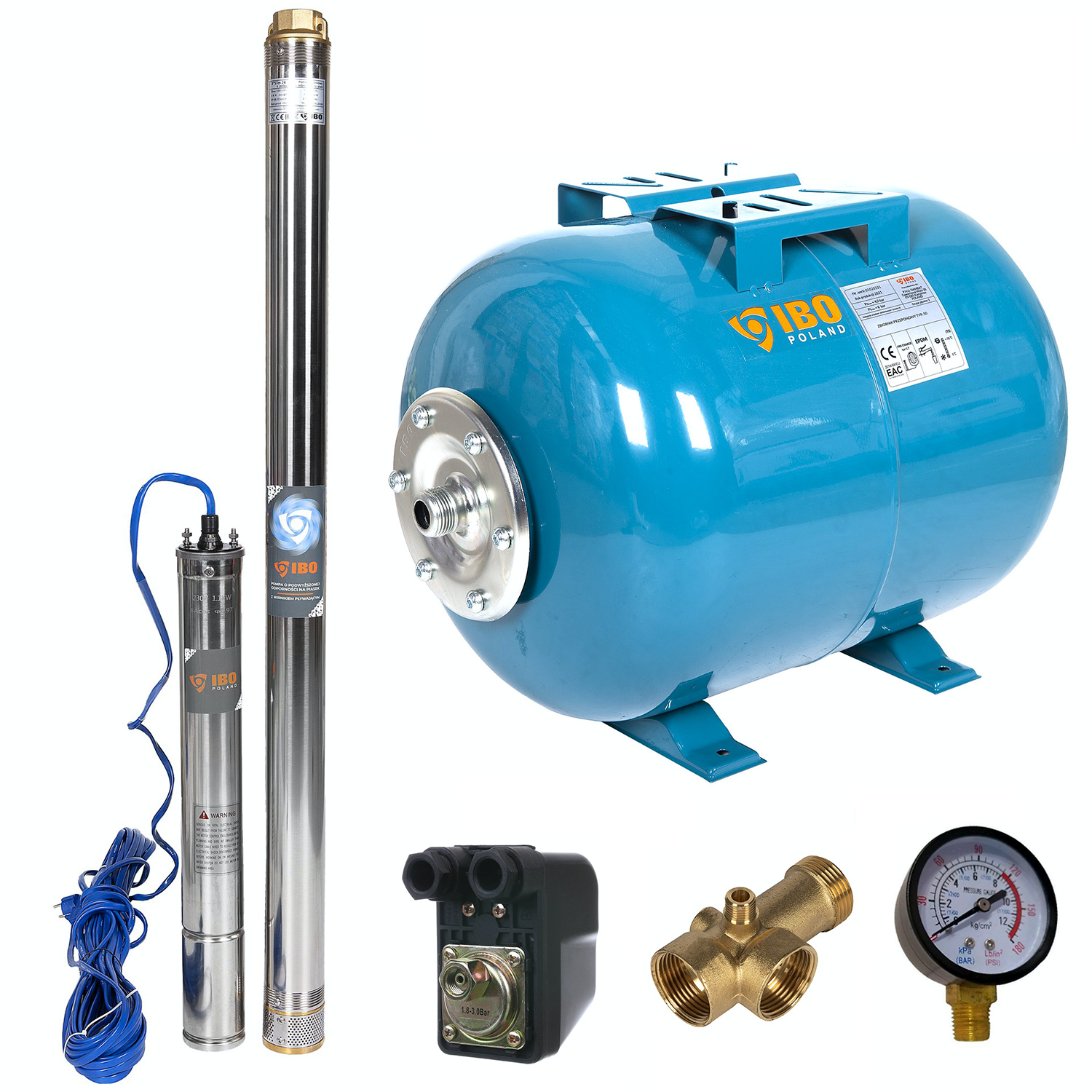 Kit hidrofor 50L orizontal cu pompa submersibila IBO Dambat 3STM24, 1.1 kW, debit 100l/min, H refulare 93m, cablu 20m, rezistenta la nisip