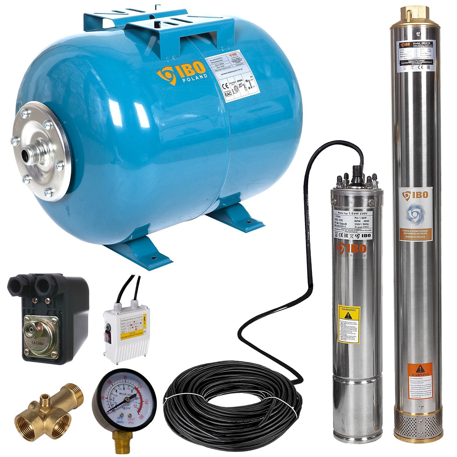 Kit hidrofor 50L cu pompa submersibila IBO Dambat 4SDM4/18, 1.5kW, debit 100l/min, H refulare 131m, racord 1.5 toli, rezistenta la nisip