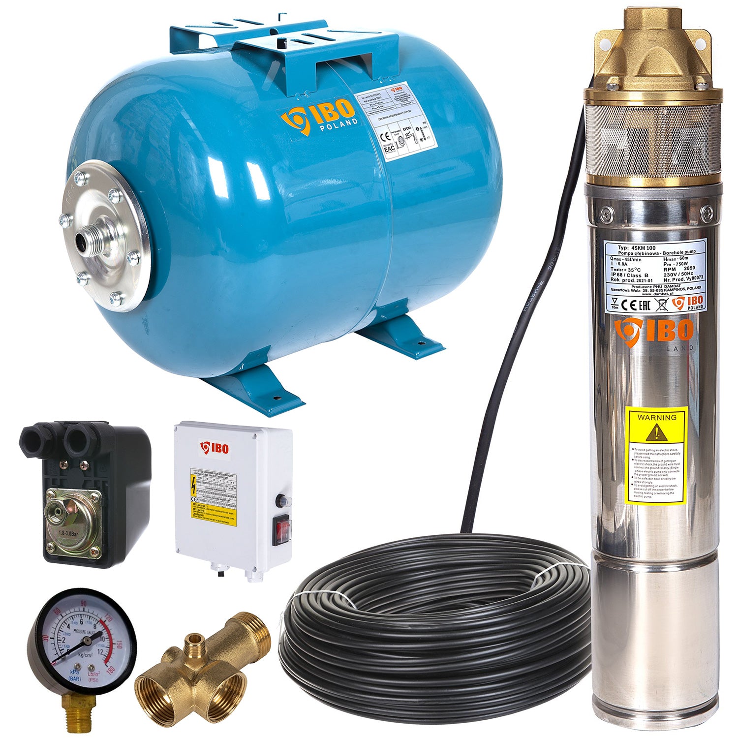 Kit hidrofor 24L cu pompa submersibila IBO Dambat 4SKM100 cu panou control, 750W, debit 45l/min, H refulare 60m