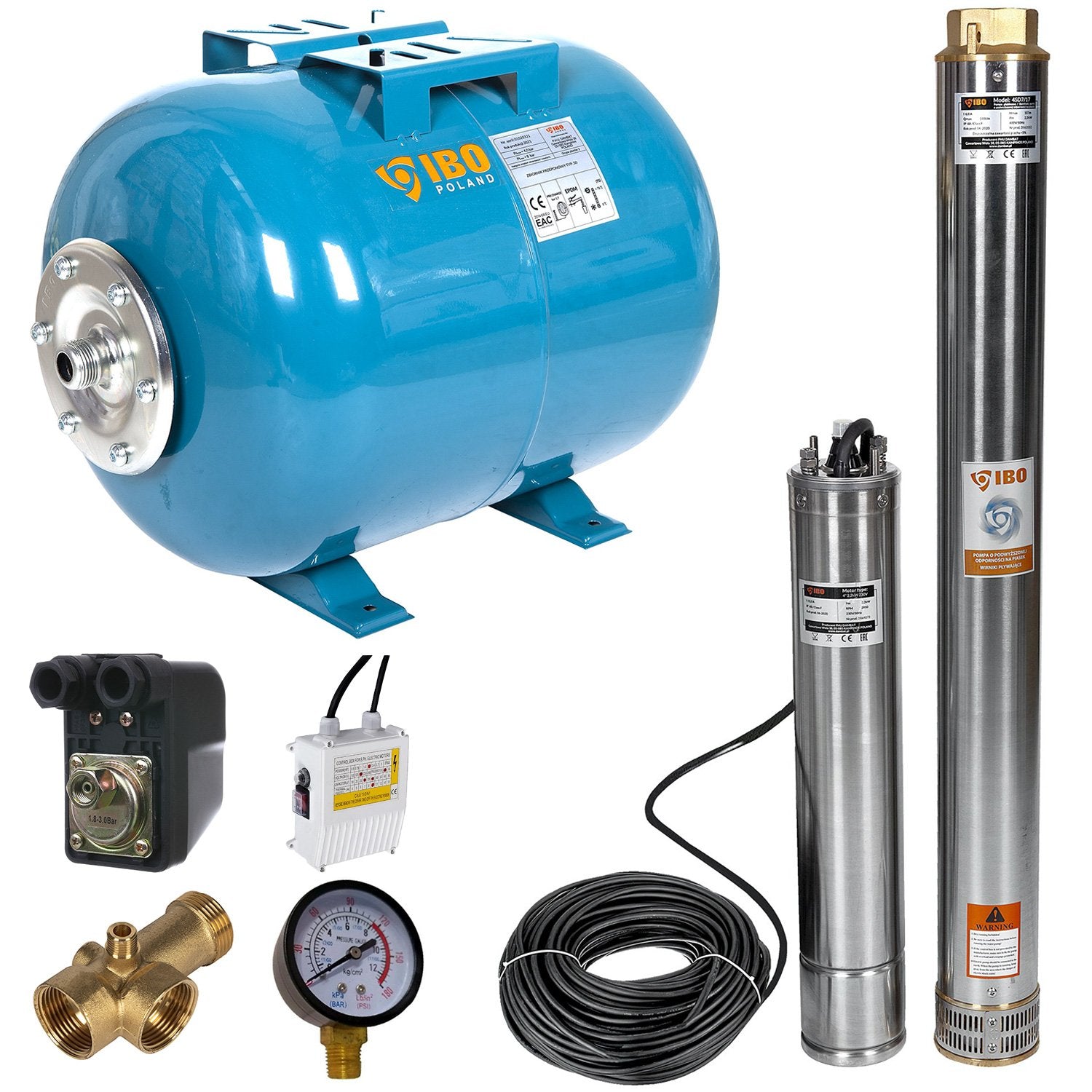 Kit hidrofor 50L cu pompa submersibila IBO Dambat 4SDM7/17, 2.2kW, debit 180l/min, H refulare 107m, racord 2 toli, rezistenta la nisip